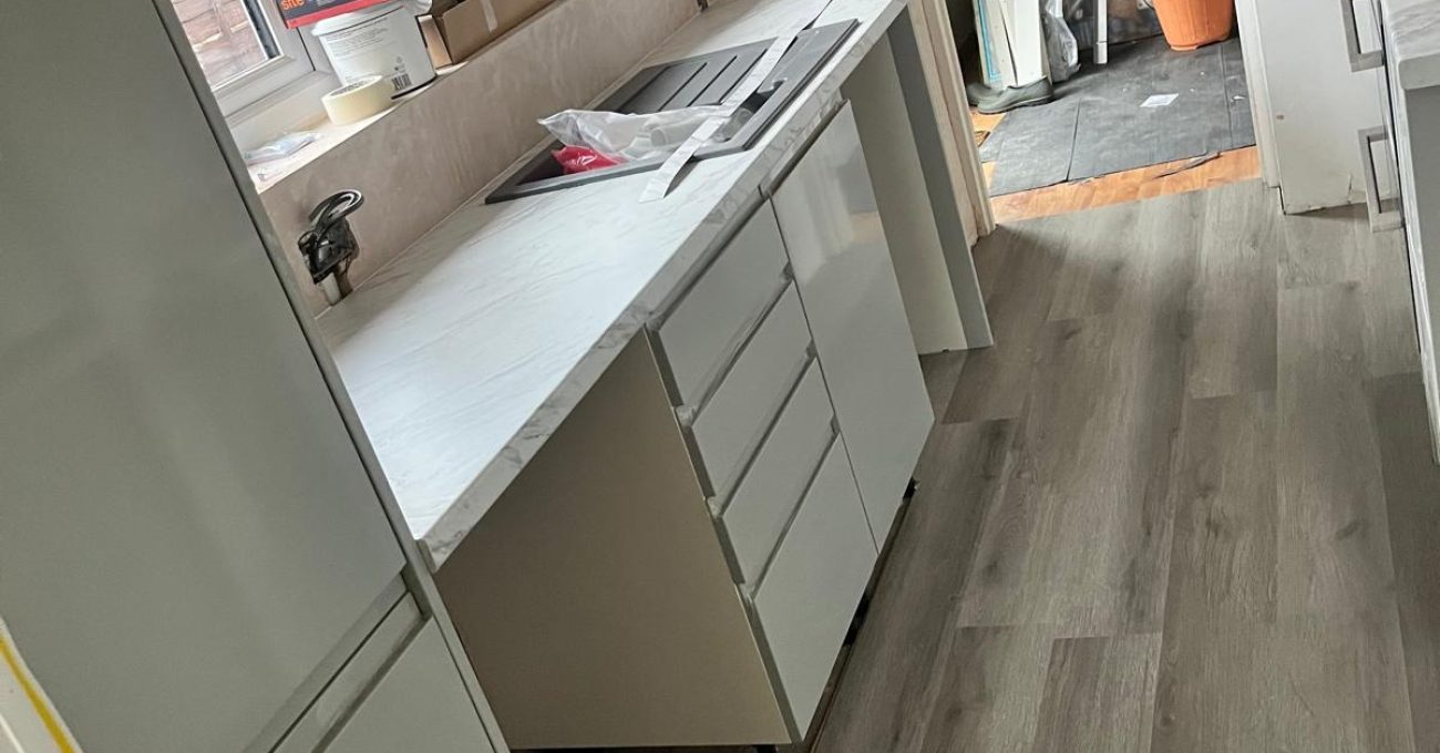Portofino kitchen units being installed in Guildford, Surrey before worktops are templated